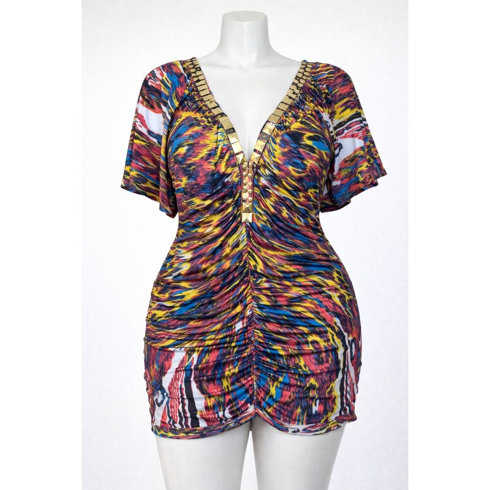 Y2K Baby Phat Baddie Club Mini Dress Deep V Ruching Embellished McBling 2X